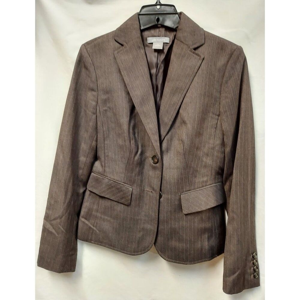 Ann Taylor Women's Blazer Jacket Brown Pinstripes Size 0 Poly/Rayon/Wool